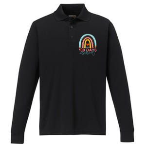 100th Day Of School Teacher 100 Days Smarter Boho Rainbow Performance Long Sleeve Polo