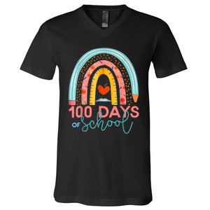 100th Day Of School Teacher 100 Days Smarter Boho Rainbow V-Neck T-Shirt