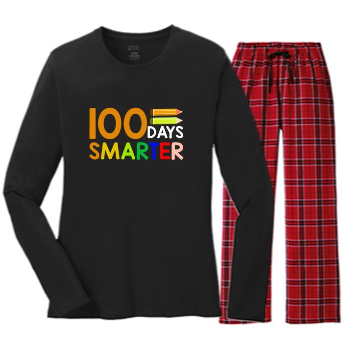 100th Day Of School Teacher 100 Days Smarter Women's Long Sleeve Flannel Pajama Set 