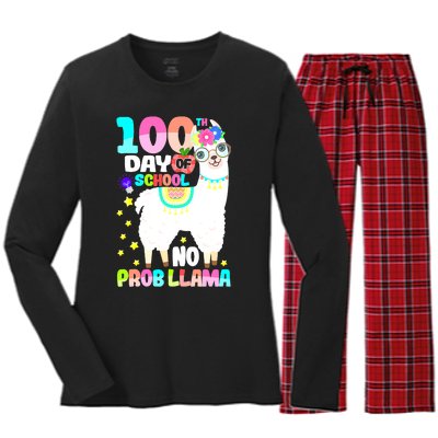 100th Day of School No Probllama Llama 100 Days Smarter  Women's Long Sleeve Flannel Pajama Set 