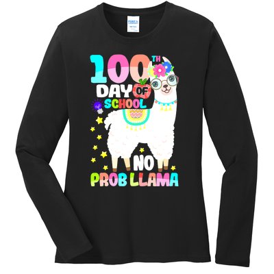 100th Day of School No Probllama Llama 100 Days Smarter  Ladies Long Sleeve Shirt