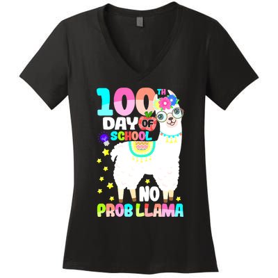 100th Day of School No Probllama Llama 100 Days Smarter  Women's V-Neck T-Shirt