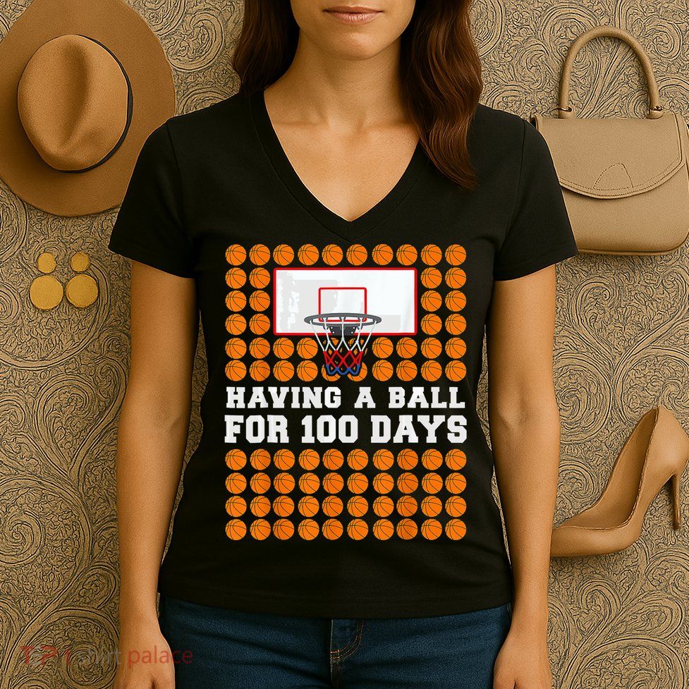 100 Days Of School Basketball 100th Day Balls For Boys Women's V-Neck T-Shirt