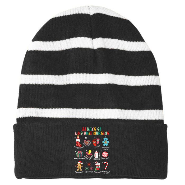 12 Days Of L&D Unit Nursing Labor & Delivery Nurse Christmas Striped Beanie with Solid Band