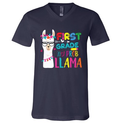 100th Day Of 1st Grade 100 Days Smarter No Prob Llama V-Neck T-Shirt