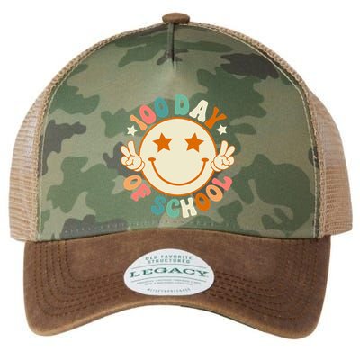 100th Days Of School Cute Happy Face 100 Days Smarter Groovy Great Gift Legacy Tie Dye Trucker Hat