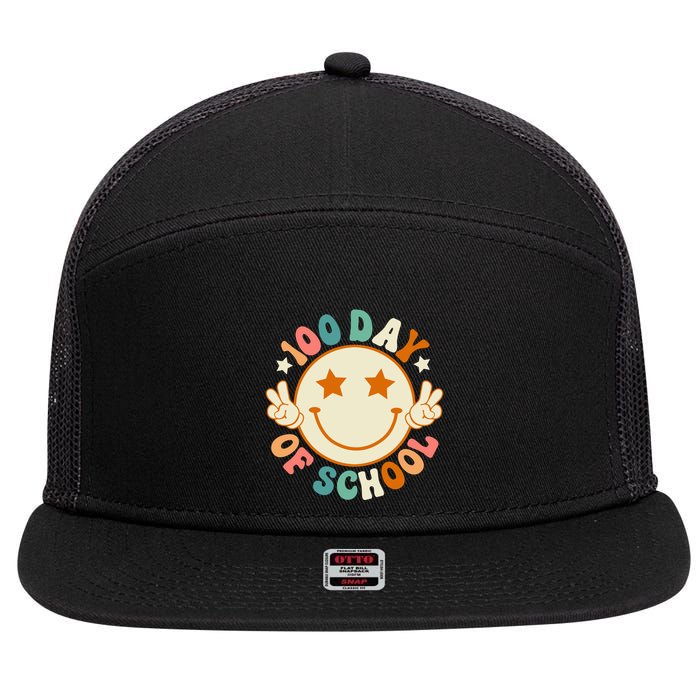 100th Days Of School Cute Happy Face 100 Days Smarter Groovy Great Gift 7 Panel Mesh Trucker Snapback Hat
