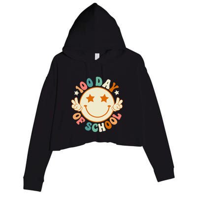 100th Days Of School Cute Happy Face 100 Days Smarter Groovy Great Gift Crop Fleece Hoodie