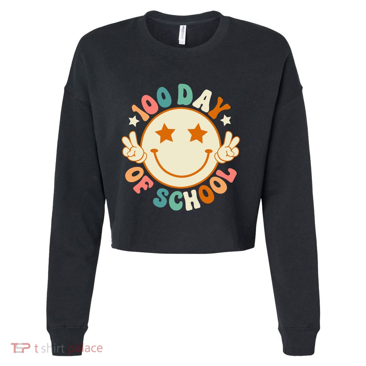 100th Days Of School Cute Happy Face 100 Days Smarter Groovy Great Gift Cropped Pullover Crew