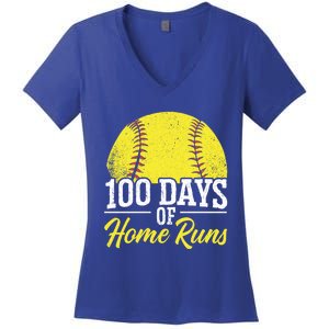 100 Days Of Home Runs School Teacher Student Educator Gift Women's V-Neck T-Shirt