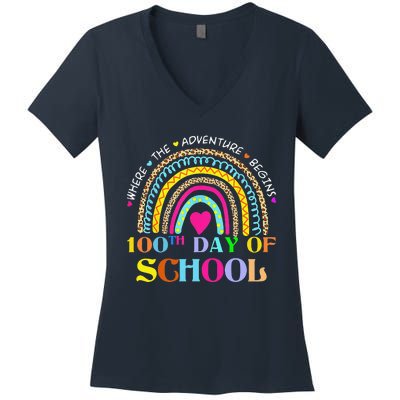 100th Day Of School Teacher 100 Days Smarter Rainbow Women's V-Neck T-Shirt