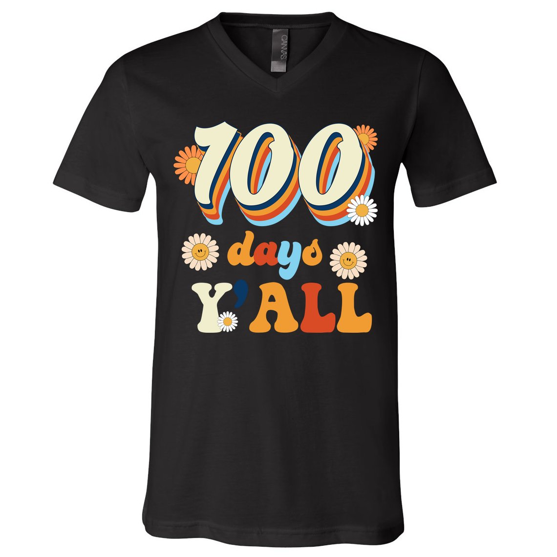 100 Days Of School Retro Sunflower V-Neck T-Shirt