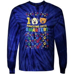 100th Day Of School 100 Pawsome Smarter Dog Cat Paws Tie-Dye Long Sleeve Shirt