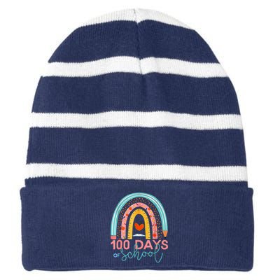 100th Day Of School Teacher 100 Days Smarter Boho Rainbow Striped Beanie with Solid Band