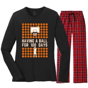 100 Days Of School Basketball 100th Days Of School Women's Long Sleeve Flannel Pajama Set 