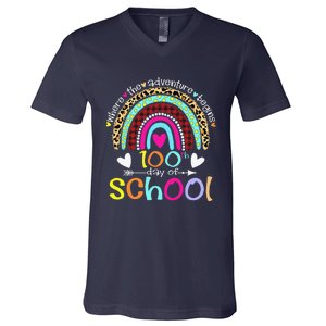 100th Day Of School Teacher Student 100 Days Smarter Rainbow V-Neck T-Shirt