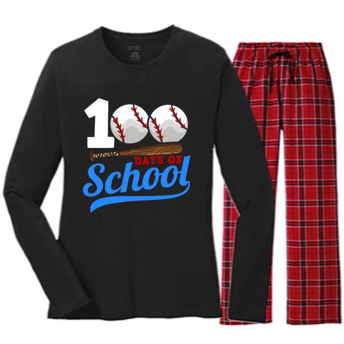 100 Days Of School Baseball 100th Day Women's Long Sleeve Flannel Pajama Set 