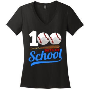 100 Days Of School Baseball 100th Day Women's V-Neck T-Shirt