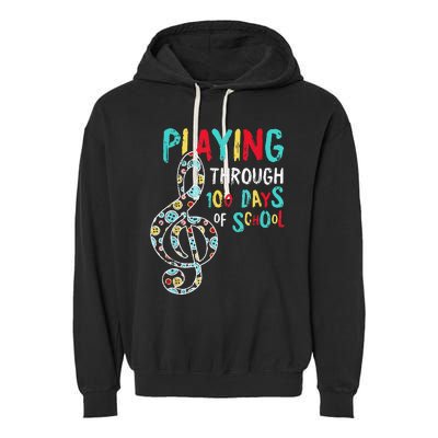 100 Days Of School Playing Music Teacher Cool Student Garment-Dyed Fleece Hoodie