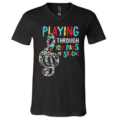 100 Days Of School Playing Music Teacher Cool Student V-Neck T-Shirt