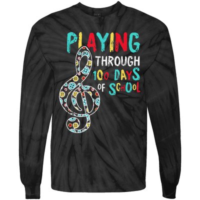 100 Days Of School Playing Music Teacher Cool Student Tie-Dye Long Sleeve Shirt