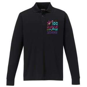 100th Day Of School Unicorn 100 Magical Days Teacher Performance Long Sleeve Polo