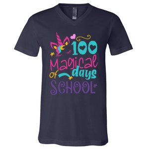 100th Day Of School Unicorn 100 Magical Days Teacher V-Neck T-Shirt