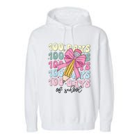 100 Days Of School Girl Coquette Bow 100th Day Of School Garment-Dyed Fleece Hoodie