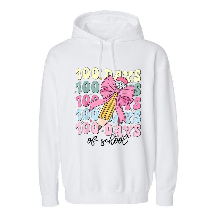 100 Days Of School Girl Coquette Bow 100th Day Of School Garment-Dyed Fleece Hoodie