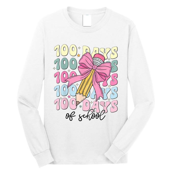 100 Days Of School Girl Coquette Bow 100th Day Of School Long Sleeve Shirt