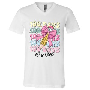 100 Days Of School Girl Coquette Bow 100th Day Of School V-Neck T-Shirt