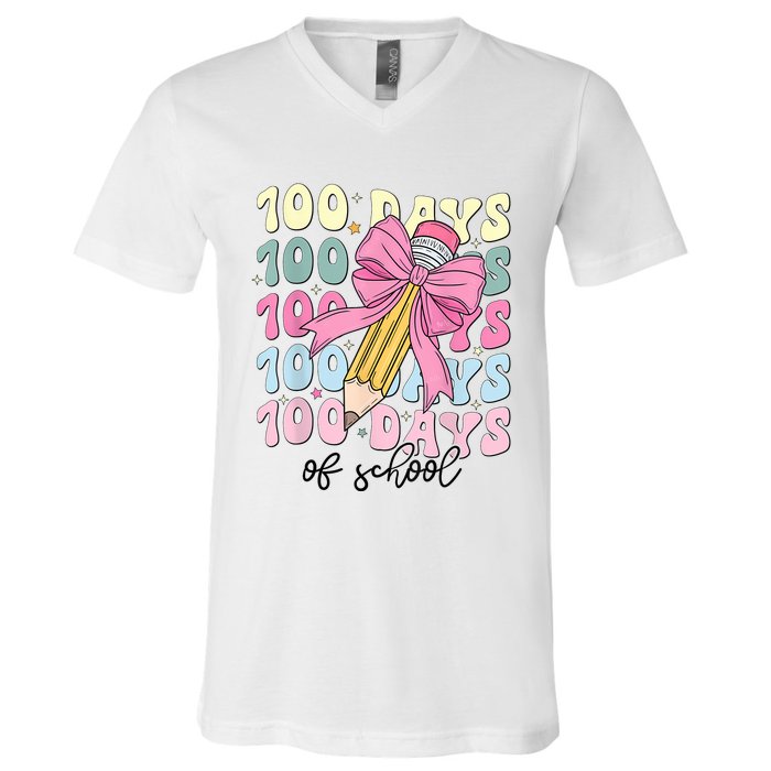 100 Days Of School Girl Coquette Bow 100th Day Of School V-Neck T-Shirt