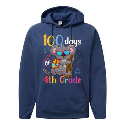 100 Days Of 4Th Grade Koala 100Th Day School Fourth Grade Gift Performance Fleece Hoodie