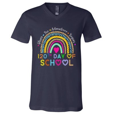 120th Day Of School Teacher 120 Days Smarter Rainbow V-Neck T-Shirt