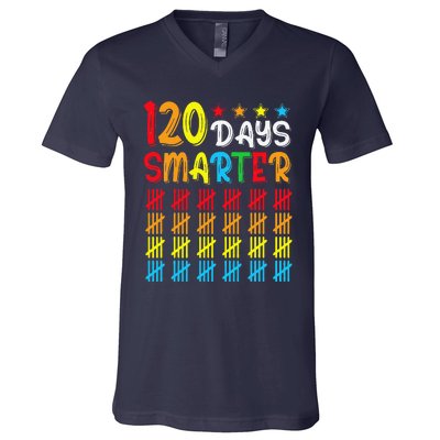 120th Day Of School Teacher Child Happy 120 Days Smarter V-Neck T-Shirt