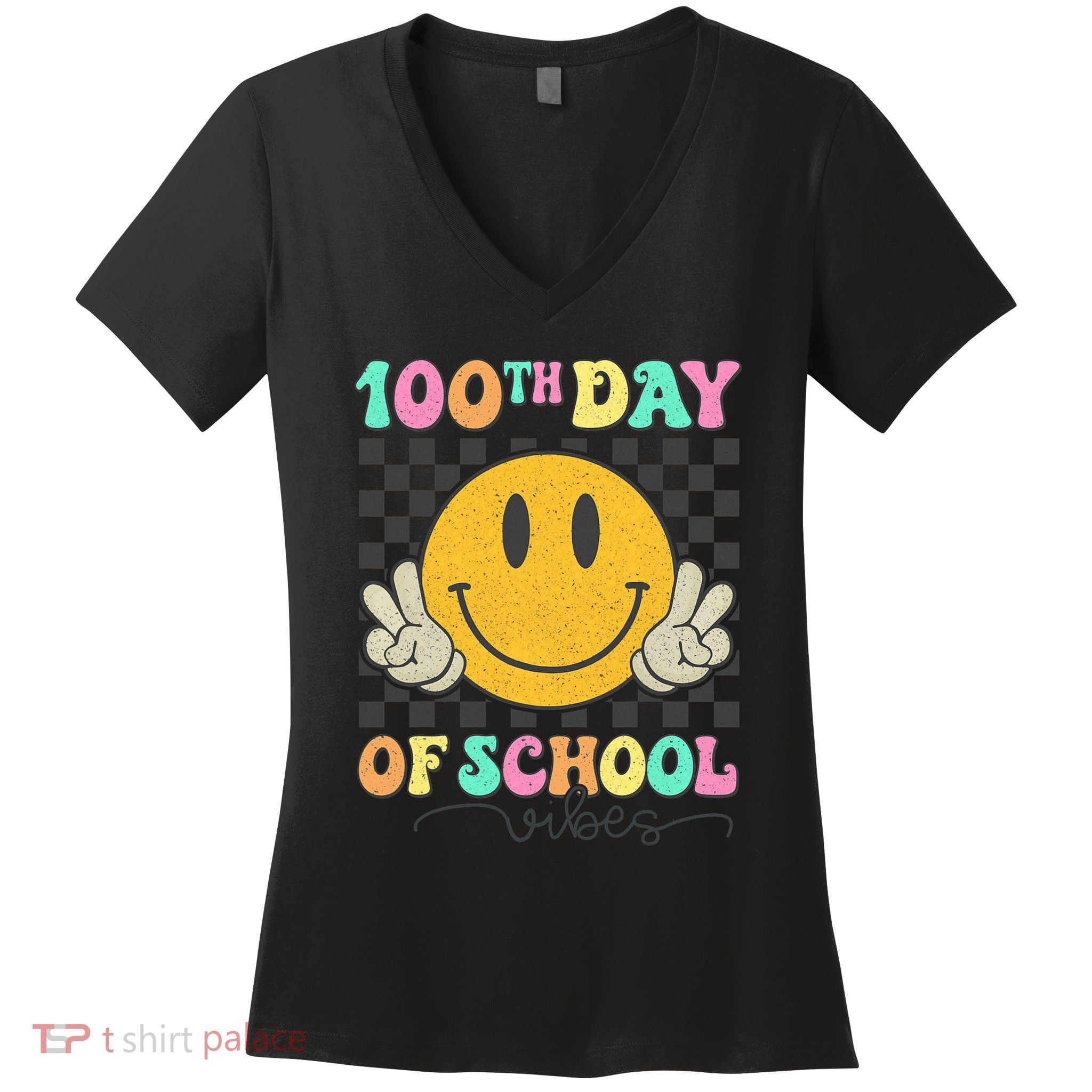 100th Day Of School Vibes Smiley Face Fun Design Women's V-Neck T-Shirt