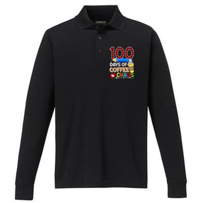 100 Days Of Coffee & Chaos - 100th Day Of School Teacher Performance Long Sleeve Polo