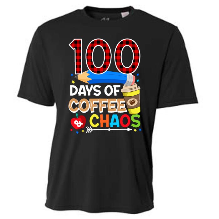 100 Days Of Coffee & Chaos - 100th Day Of School Teacher Cooling Performance Crew T-Shirt