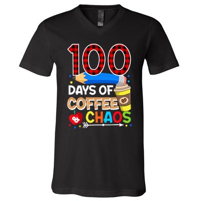 100 Days Of Coffee & Chaos - 100th Day Of School Teacher V-Neck T-Shirt