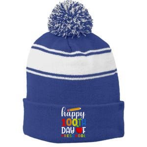 100 Days Of Preschool Happy 100Th Day Of School Preschool Gift Stripe Pom Pom Beanie