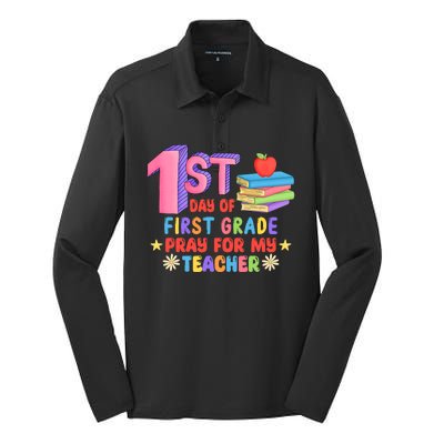 1st Day Of First Grade Pray For My Teacher Silk Touch Performance Long Sleeve Polo