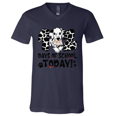 102 Days Of School Today Dalmatian Dog Funny 100th Day V-Neck T-Shirt