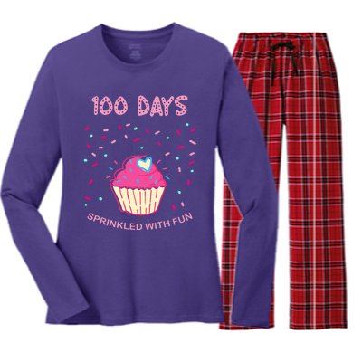 100 Days Of School Sprinkled With Fun Cupcake Women's Long Sleeve Flannel Pajama Set 