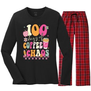 100 Days Of School Coffee Lover 100th Day Of School Teacher Women's Long Sleeve Flannel Pajama Set 