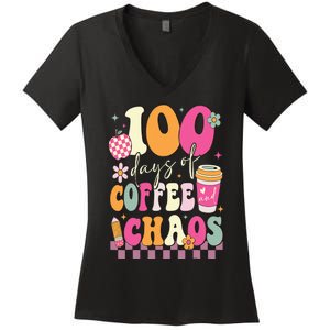 100 Days Of School Coffee Lover 100th Day Of School Teacher Women's V-Neck T-Shirt