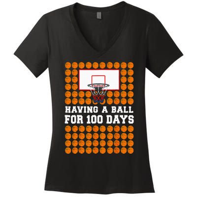 100 Days Of School Basketball 100th Day Balls For Boy Women's V-Neck T-Shirt