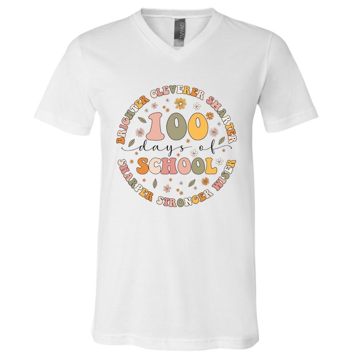 100 Days Of Shool Brighter Cleverer Smarter Sharper Stronger Wiser V-Neck T-Shirt