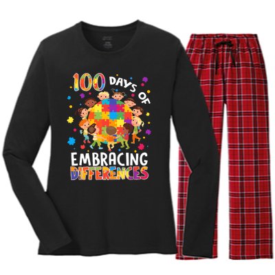 100 Days Of Embracing Differences Autism Awareness Women's Long Sleeve Flannel Pajama Set 