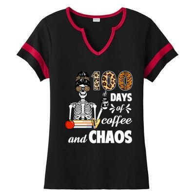 100 Days Of Coffee And Chaos 100th Day Skeleton Teacher Gift Ladies Halftime Notch Neck Tee