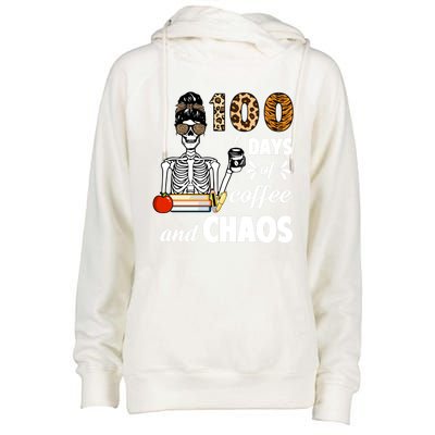 100 Days Of Coffee And Chaos 100th Day Skeleton Teacher Gift Womens Funnel Neck Pullover Hood